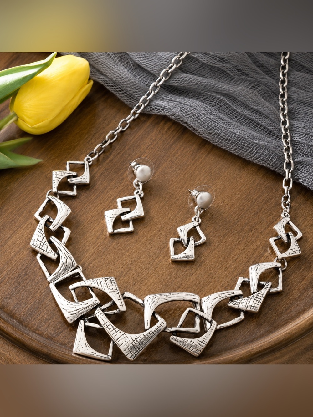 New Silver Tone Geometric Statement Necklace & Earrings Set